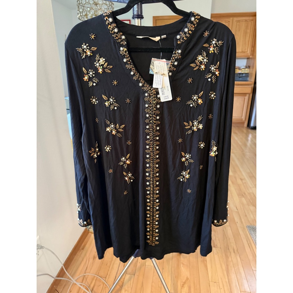 NWT Soft Surroundings Festa Tunic Black Beaded Embroidered Top 1X